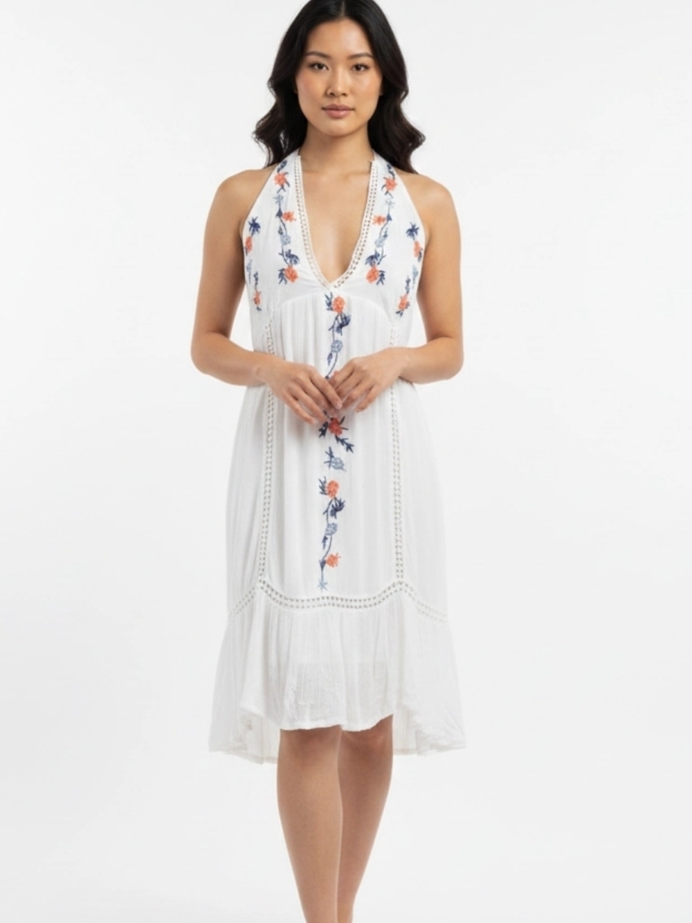 Jessica Simpson White Halter Dress with Blue and Orange Floral Embroidery